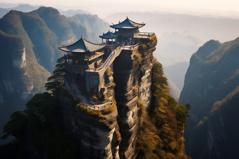 一座古老的寺庙坐落在高耸的山峰,高清,摄影图,摄影图片,图片大全,摄影图免费下载